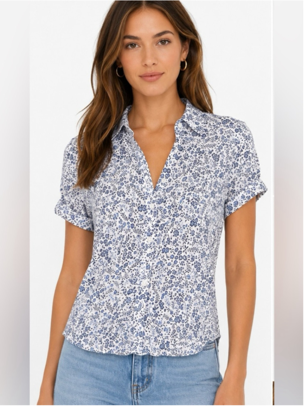 Camaïeu Blue Floral Button Front Blouse Size 42 medium